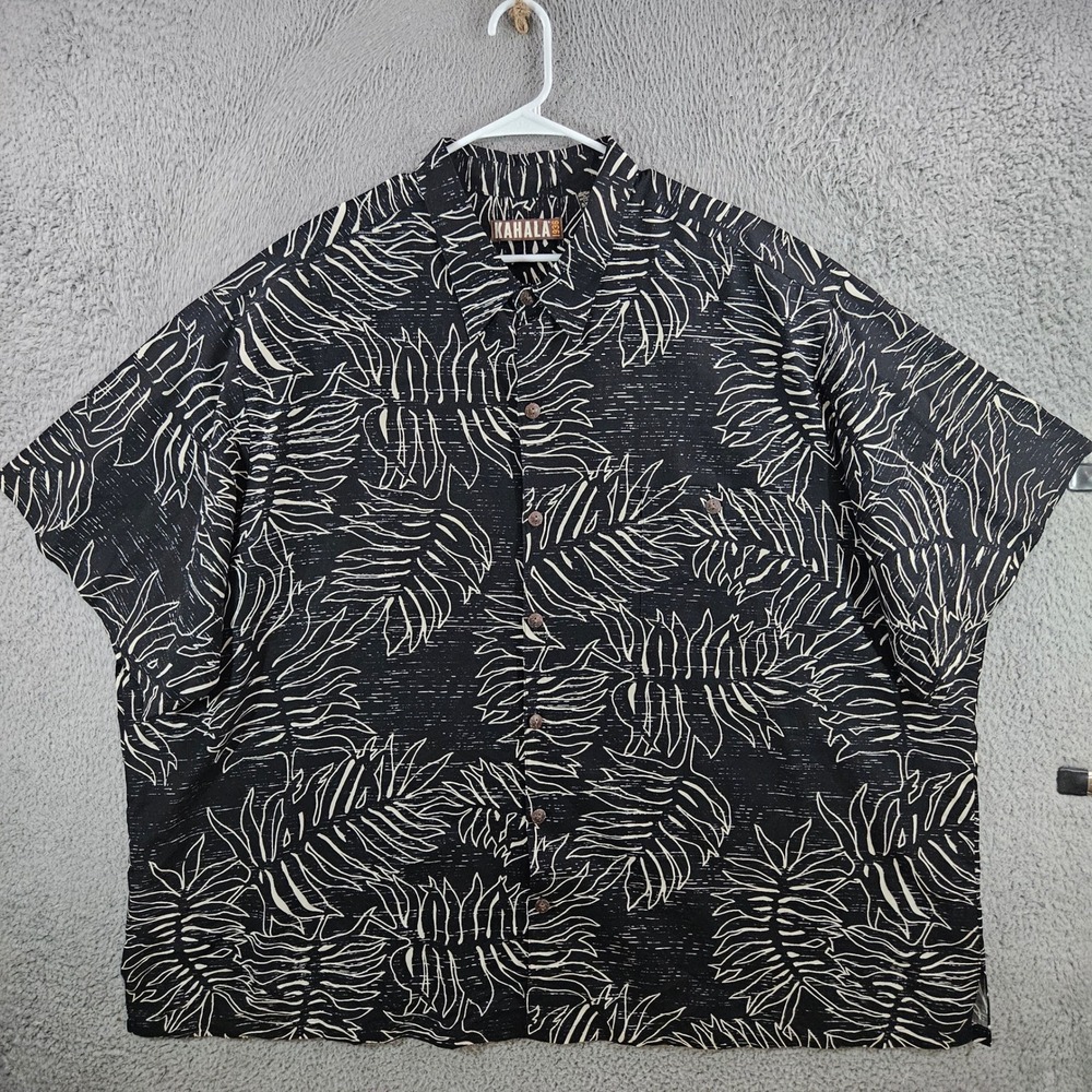Kahala 1936 Mens 5XB Hawaiian Shirt Black White Leaf Print Rayon Linen